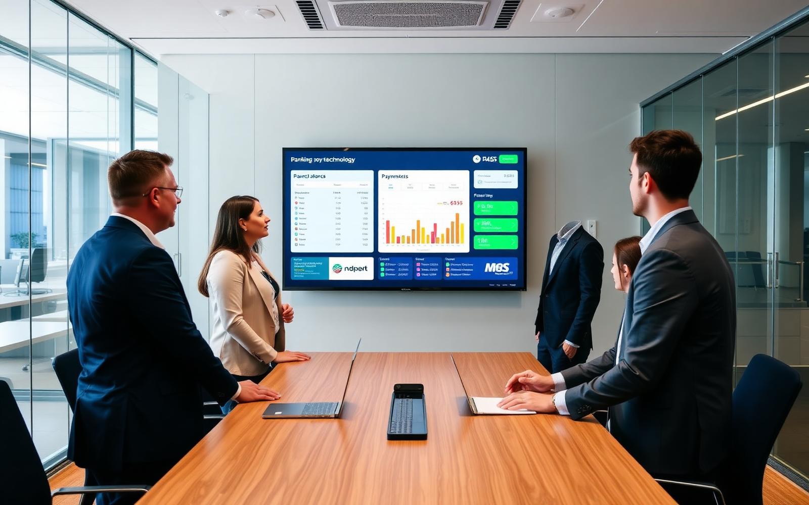 Banking technology team reviewing a payments dashboard