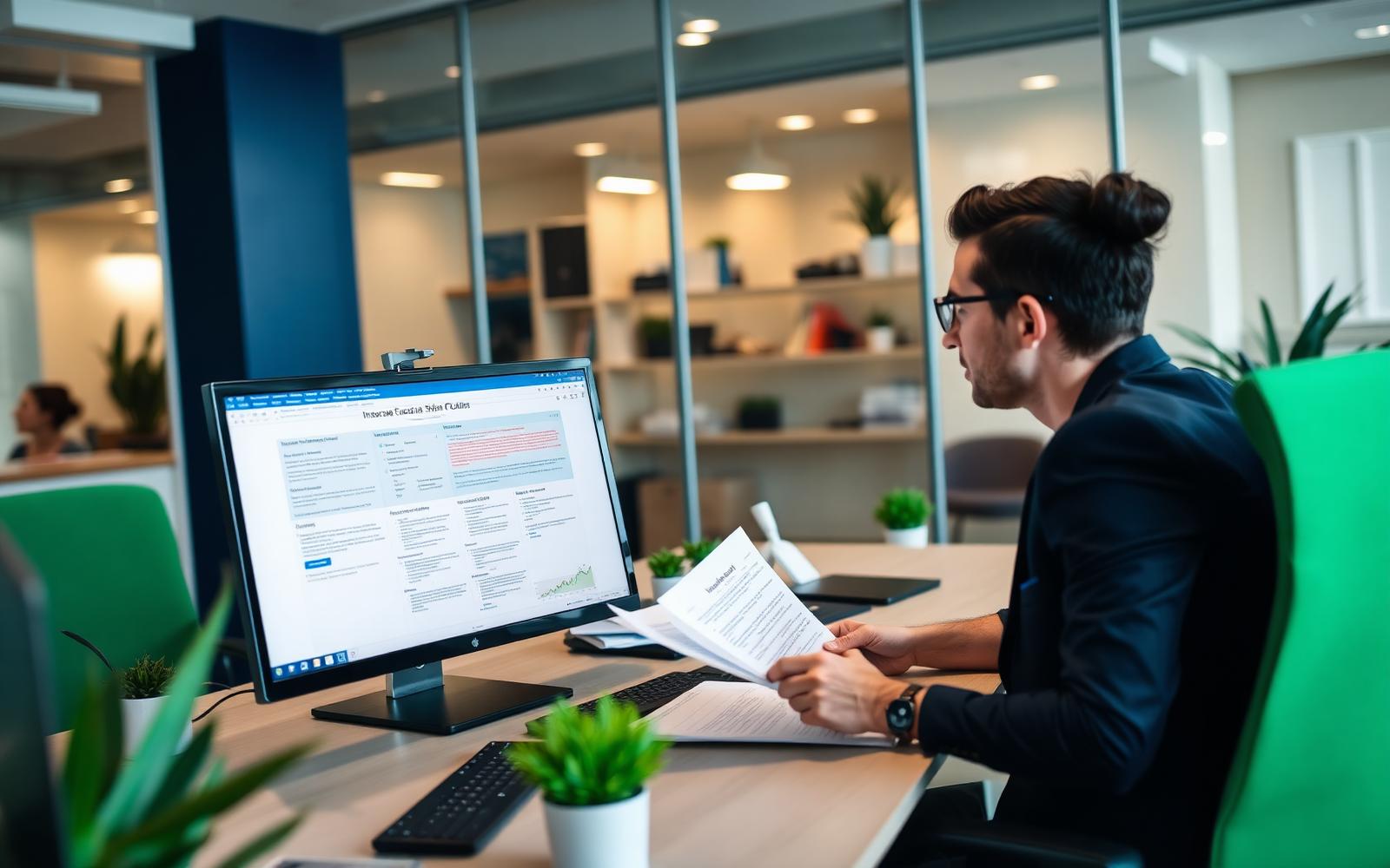 Insurance professionals reviewing a policy and claims system