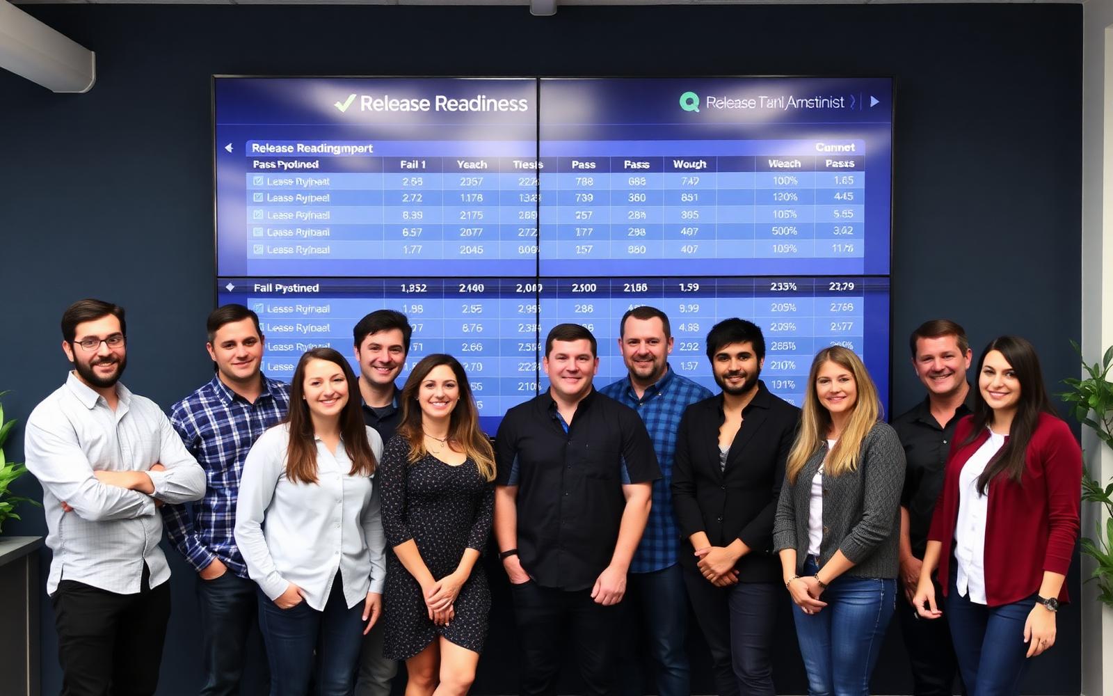 QA team reviewing a release-readiness report on a wall screen